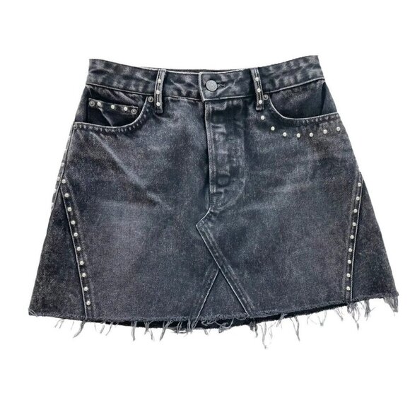 GRLFRND Eva's Studded Gusset A-Frame Black Denim Mini Skirt Sz 26 NWT - Picture 2 of 9